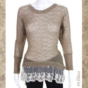 MILLAU Tan/Ivory Open Knit Lace Trim LS Sweater